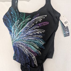 Longitude Black and Blue One Piece Swimsuit with Feather Design